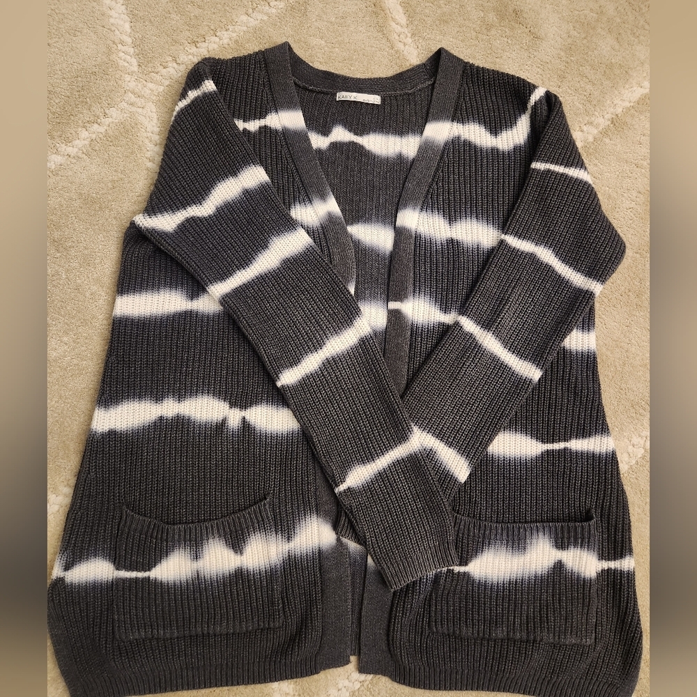 Kaily K Knit Cardigan Grey And White Tie Dye Sweater Large